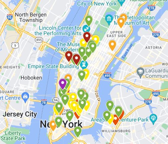 New York google map of restaurant locations on Manhattan.