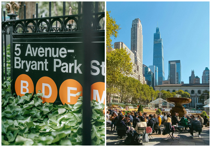 Ulaz u Bryant park metro stanicu i terasa na kojoj ljudi piju piće.