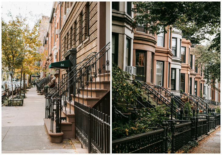 New York klasični kvart sa smeđim kućama u nizu i stepenicama na ulazu.