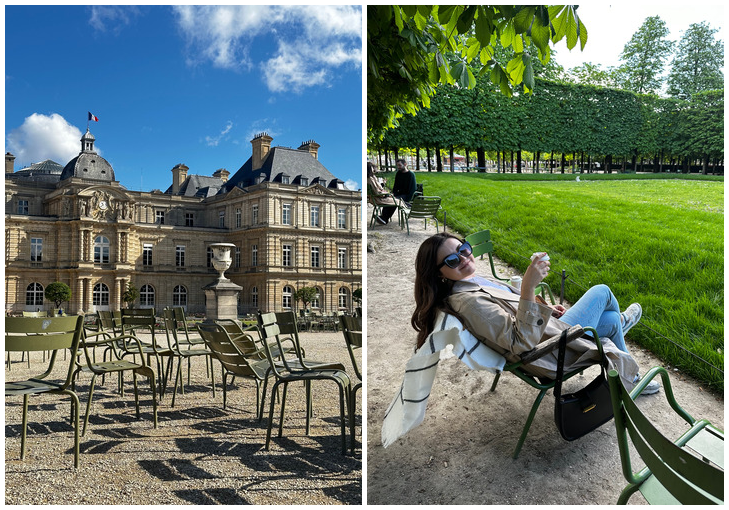 Ana sa kavom u ruci, smeđi kaput u Jardin du Luxembourg