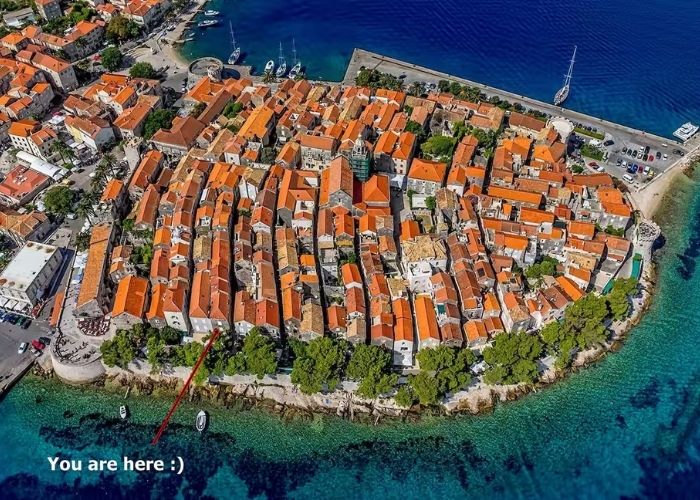 Lokacija apartmana u starom gradu Korčuli, iz zraka