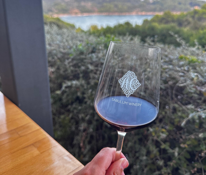 Sabulum vinarija Korčula, crno vino u čaši