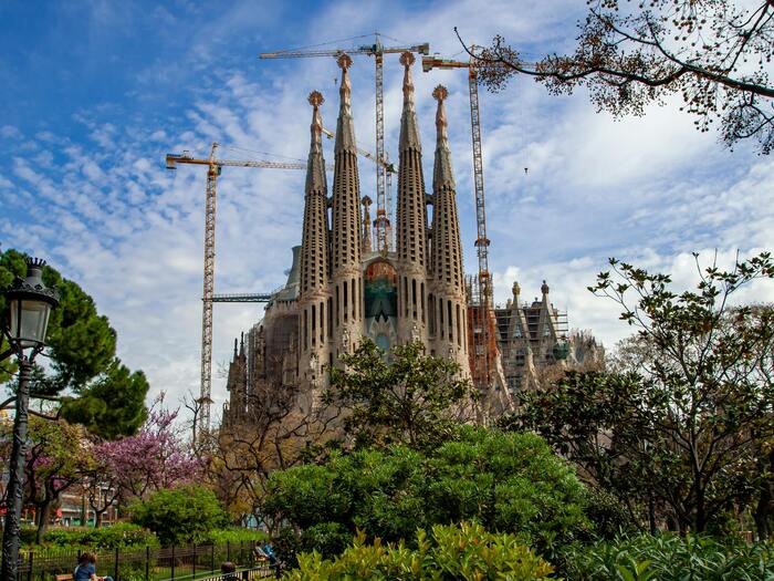 Sagrada Familia, plavo nebo, zeleno grmlje i kranovi