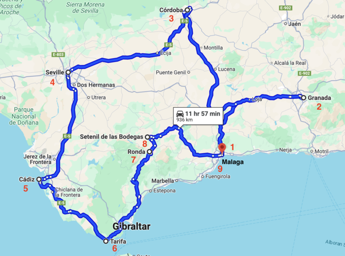 Andaluzija ruta za putovanje