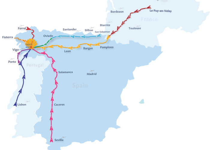 karta glavnih ruta za camino del santiago