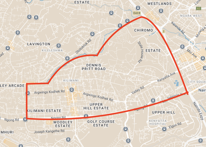 Map of Kilimani neighborhood in Nairobi.