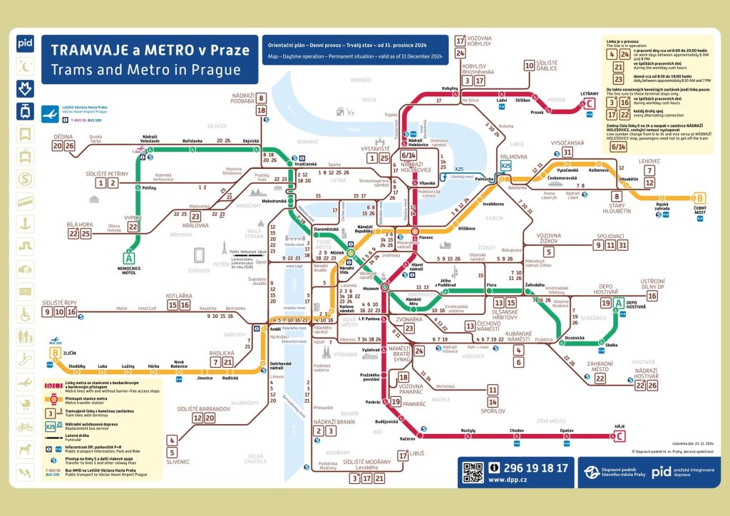 Prague Public Transport Map of Metro and Tram