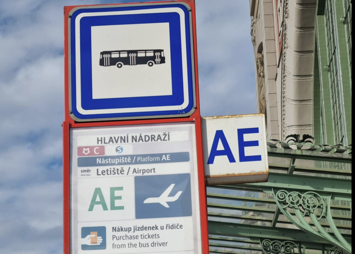 Sign for the AE Express bus at Hlavni Nadrazi.