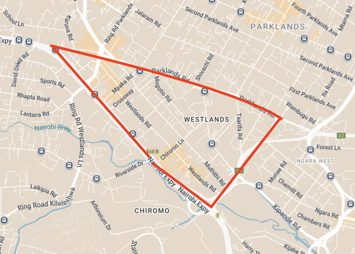 Map of Westlands neighborhood in Nairobi.