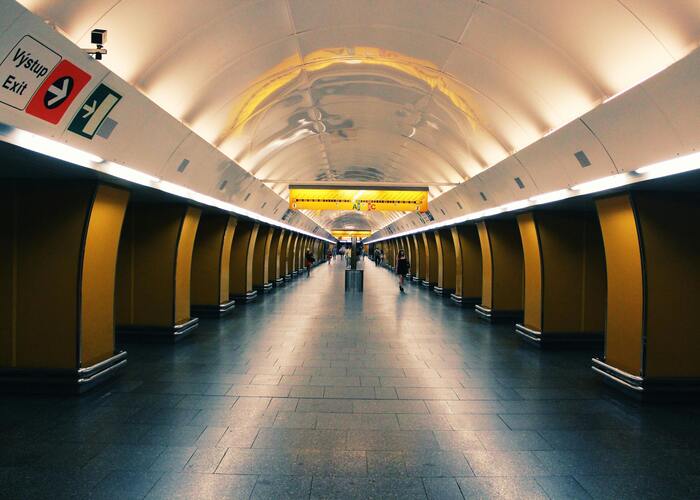 Prague metro station platform.