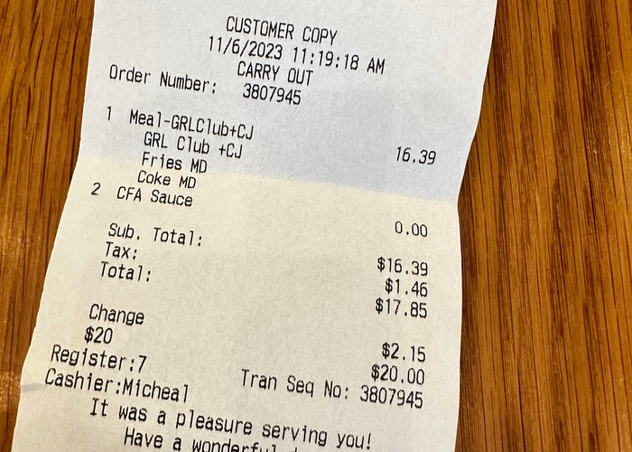Chick-fil-A food bill in New York