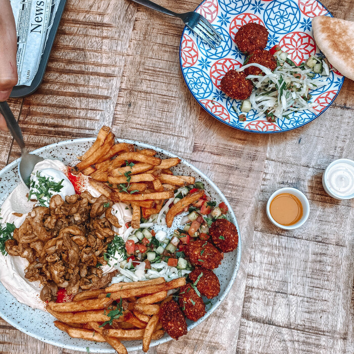 Chicken shawarma and falafel in Paprika restaurant in Prague