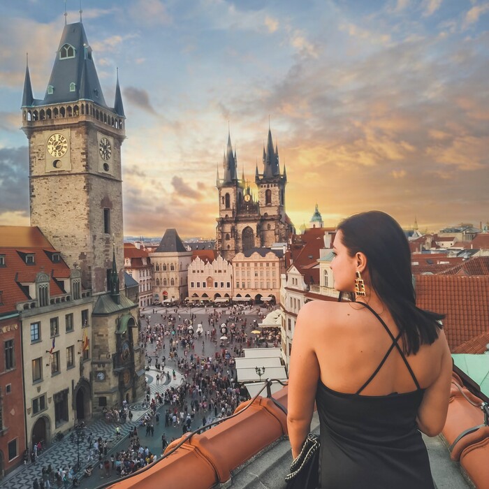 The view of Ana and Prague Old Town square from U Provaznice terrace.