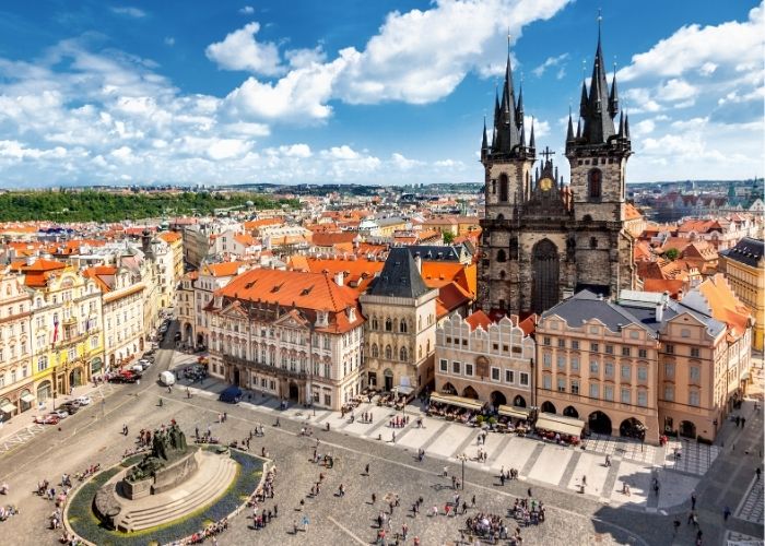 Prague Old Town from the air, square and cathedral.