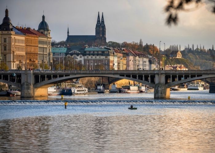 The view of Vyšehrad castle from the Vltava river.