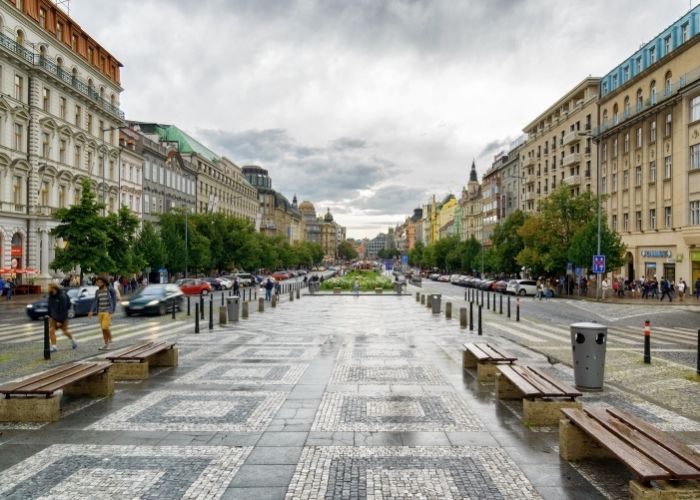 Wenceslas square in Prague on a cloudy day.