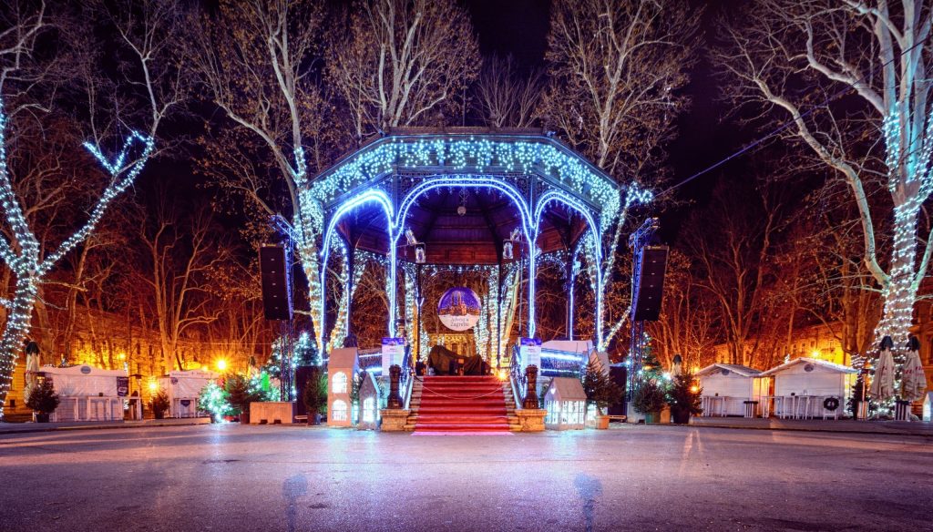 Zrinjevac blue lights on Zagreb Christmas Market