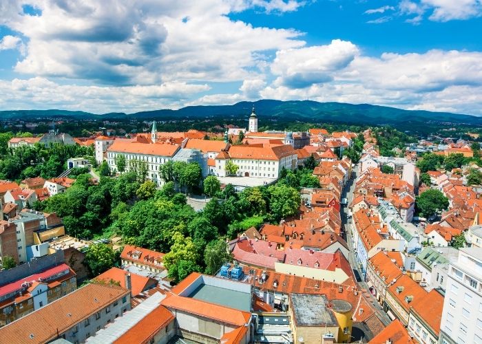 Zagreb Upper Town panorama, orange rooftops and Sljeme in background