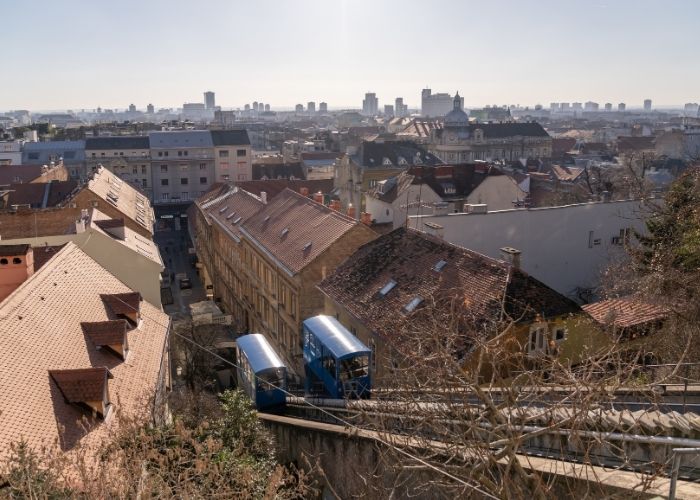 Zagreb funicular from above, rooftops in the background