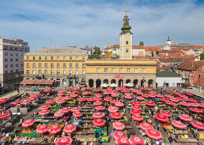 Dolac market with red umbrellas.