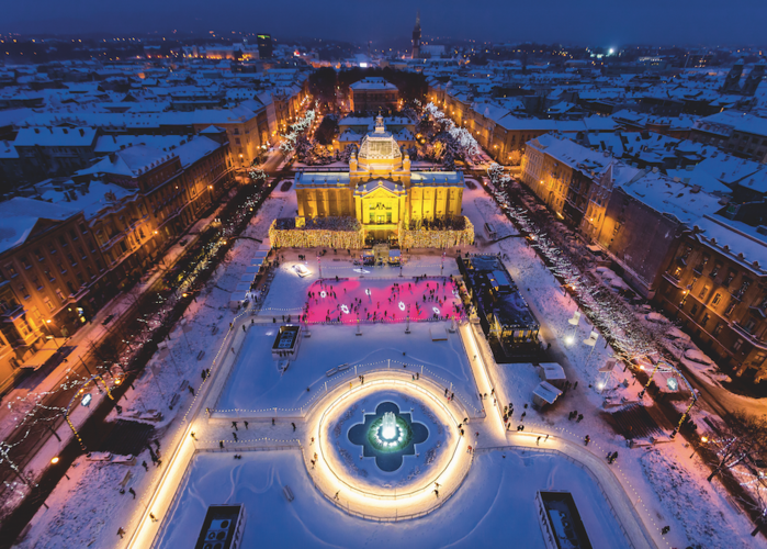 Zagreb ice rink from the air, snow and christmas lights