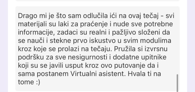 komentar polaznice freelance akademije za virtualne asistente