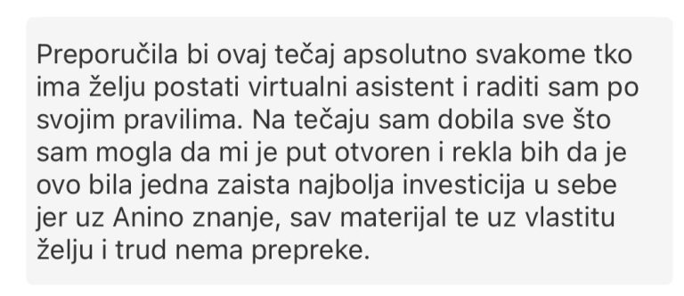 komentar polaznice freelance akademije za virtualne asistente