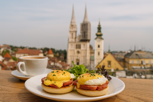 Eggs Benedict brunch and Zagreb cathedral in the background.