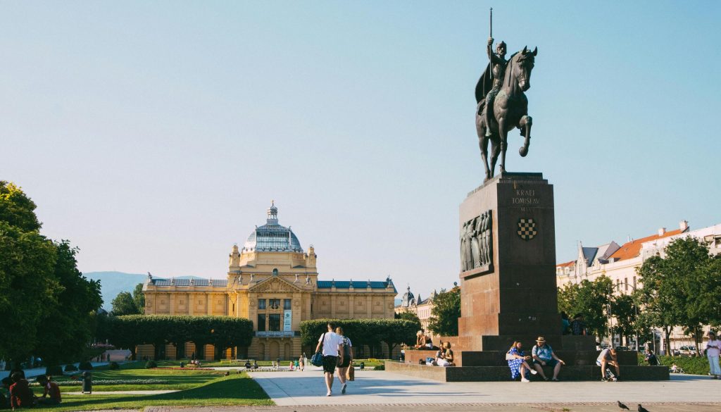 Zagreb Art Pavilion and the statue of King Tomislav.