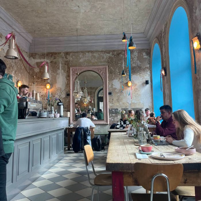 Cafe Letka Prague high walls and vintage decorations