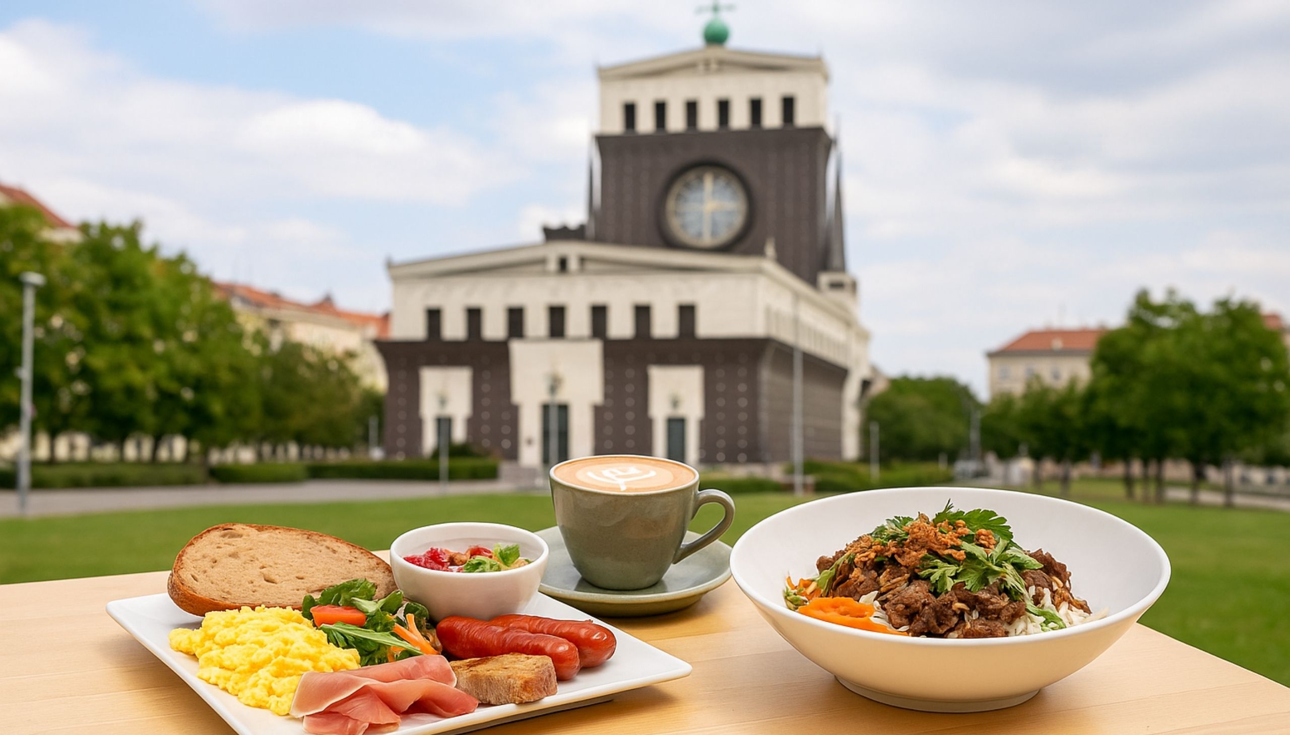 Brunch food in Prague in front of Jiriho z Podebrad