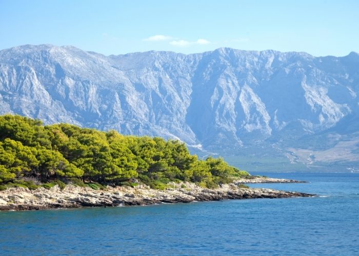 Stijene, zeleno grmlje, more i Biokovo u pozadini