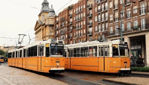 Dva žuto-narančasta tramvaja prolaze ulicom u Budimpešti.